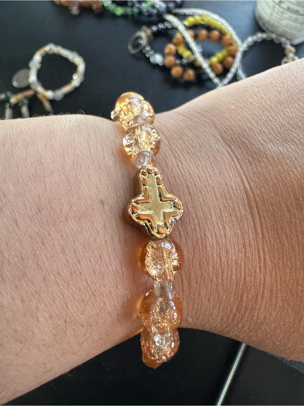 Gold Cross Accent Amber Bead Stretch Bracelet - Women Jewelry